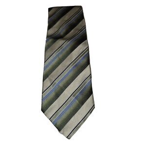 Geoffrey Beene Green, Blue, White Striped Pattern 100% Silk Handmade Tie